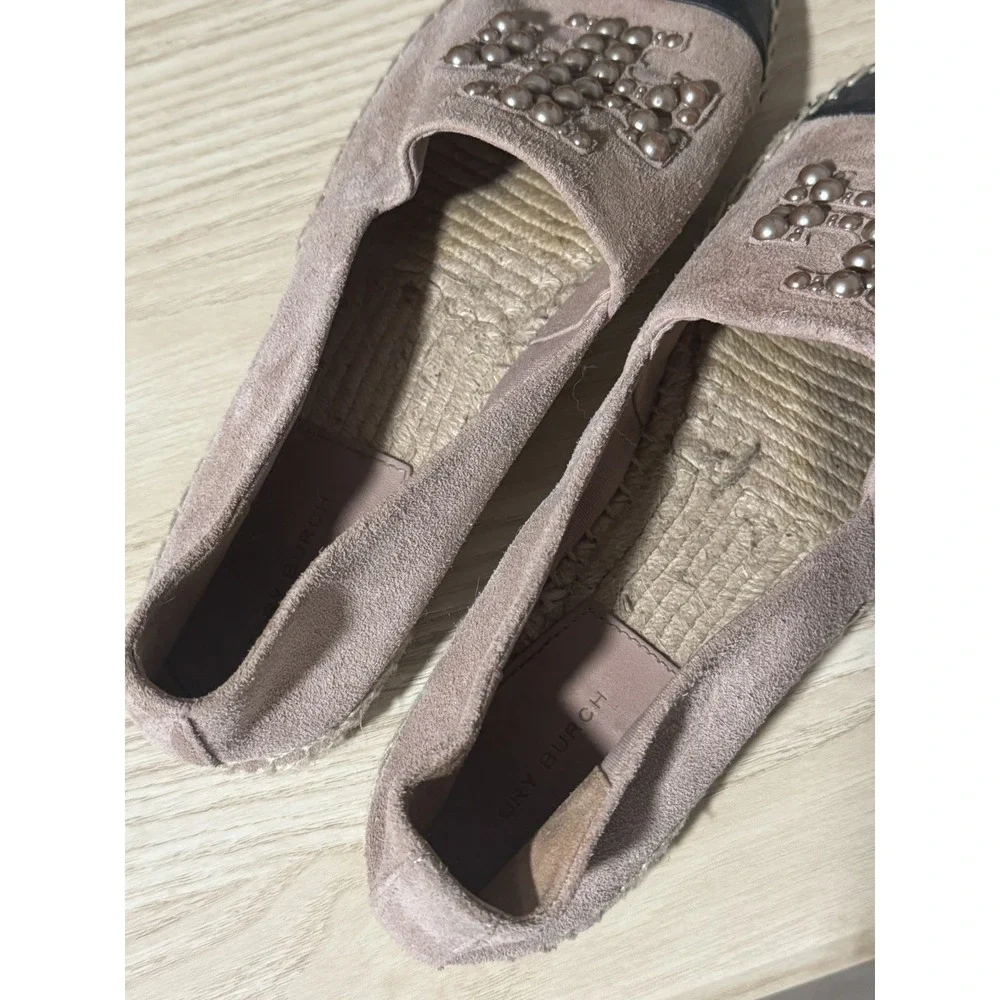 TORY BURCH Pearl Logo Flat Espadrille Suede-MEADOWSWEET size 8.5M